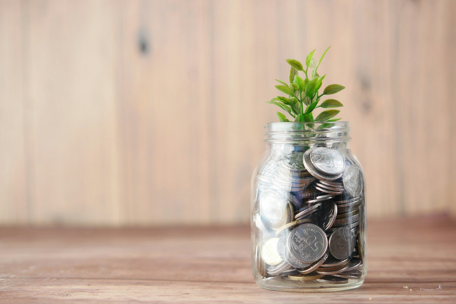 Loose change in a glass jar with a small green plant sprouting, symbolizing financial growth with chronic illness.