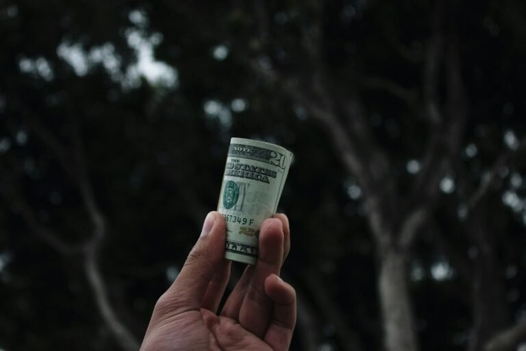 Hand holding rolled-up US dollar bills with blurred trees in the background